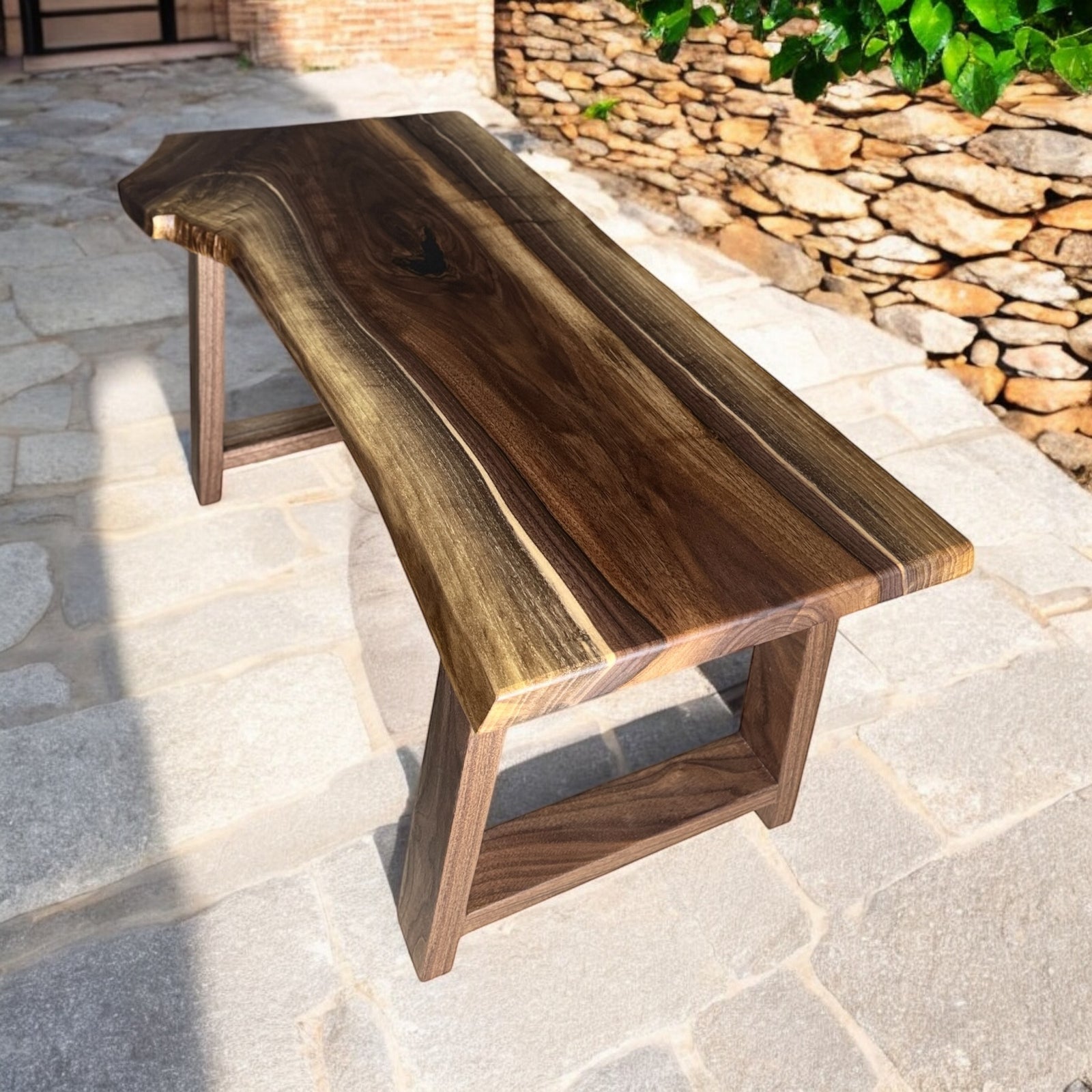 Live Edge Walnut Bench with a figured double sapwood design.