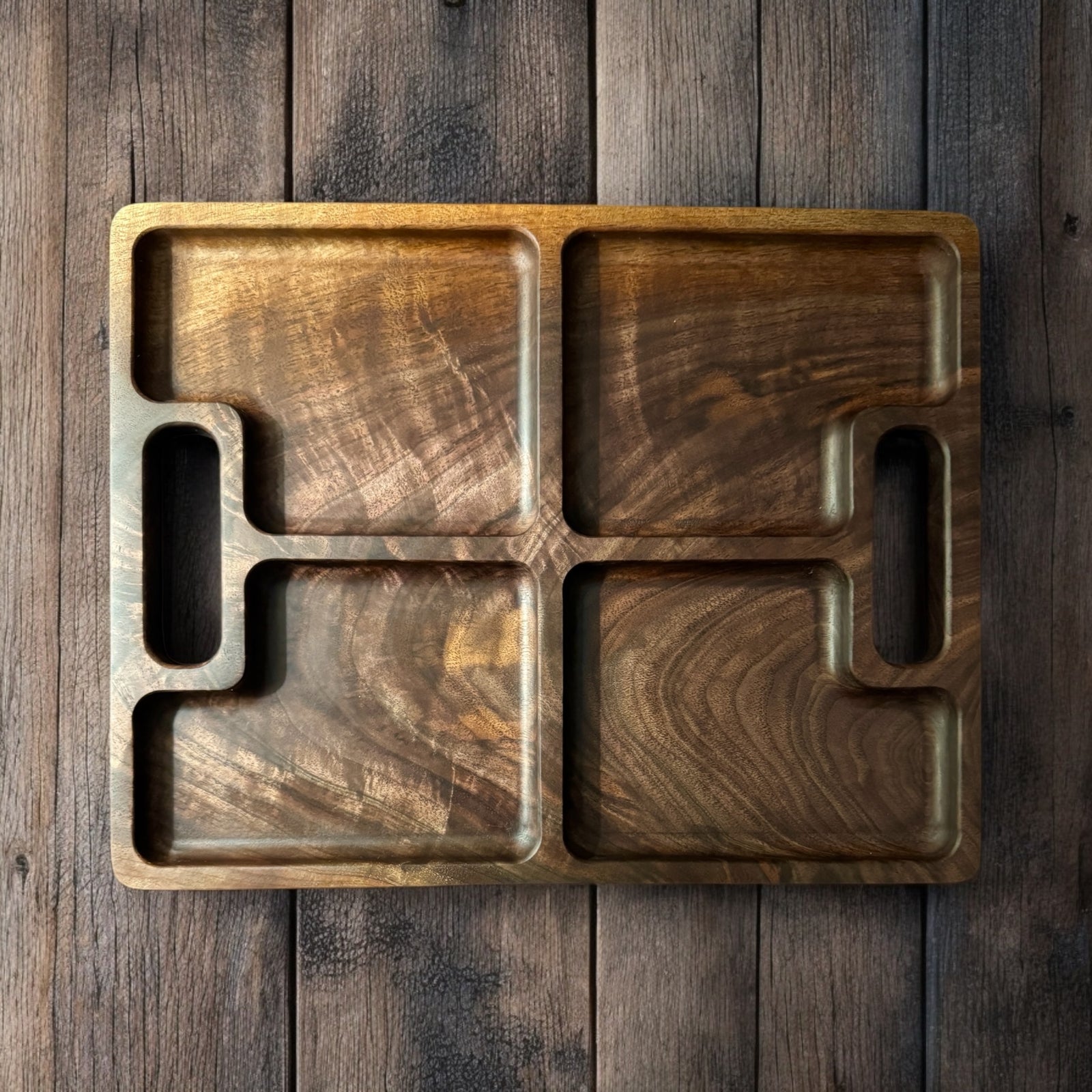 High Figured Walnut Serve All Tray. Use it as a charcuterie tray or for homeschool activities, the options are endless.