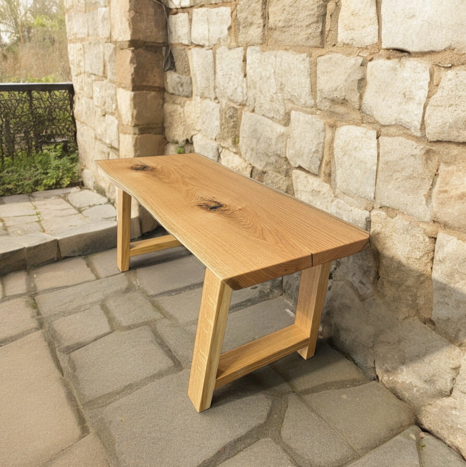 Live Edge White Oak Bench in a stone porch.
