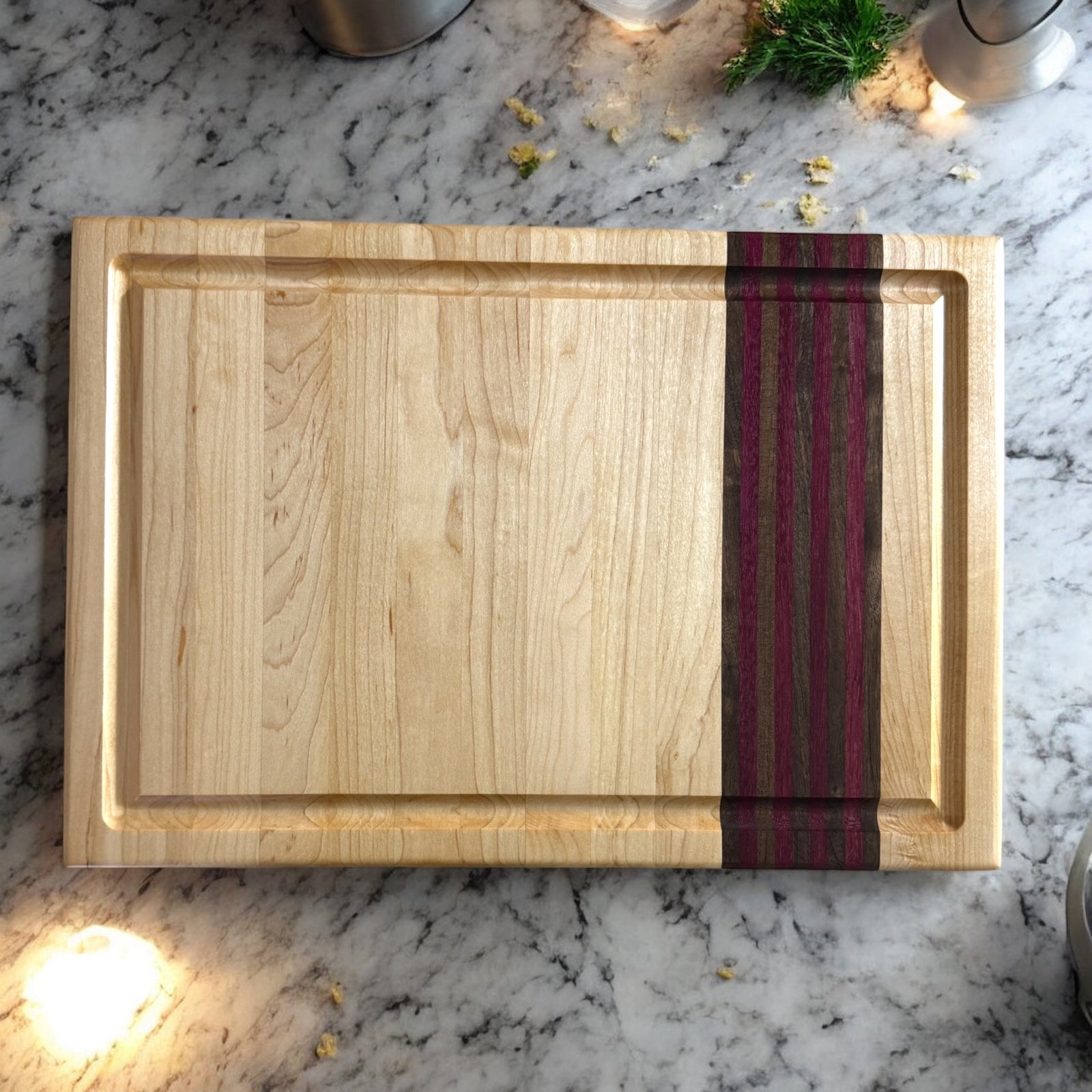 Maple Cutting Board with Purpleheart and Walnut Inlays